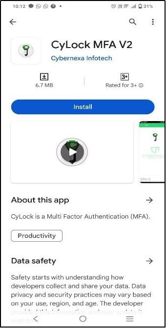 CyLock App Installation screen  - CyLock
